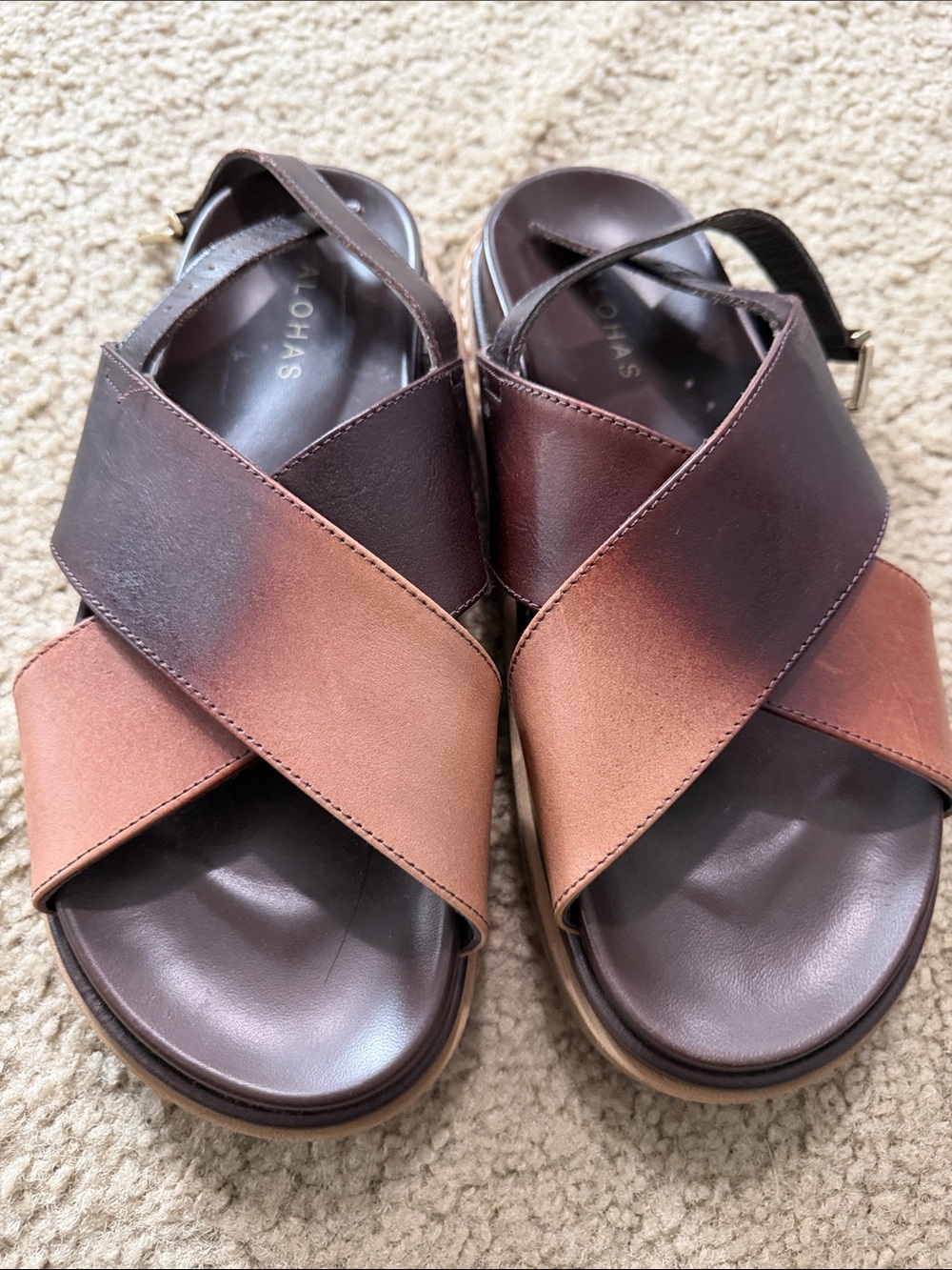 ALOHAS Two-Tone Brown and Copper Leather Cross-Strap Sandals